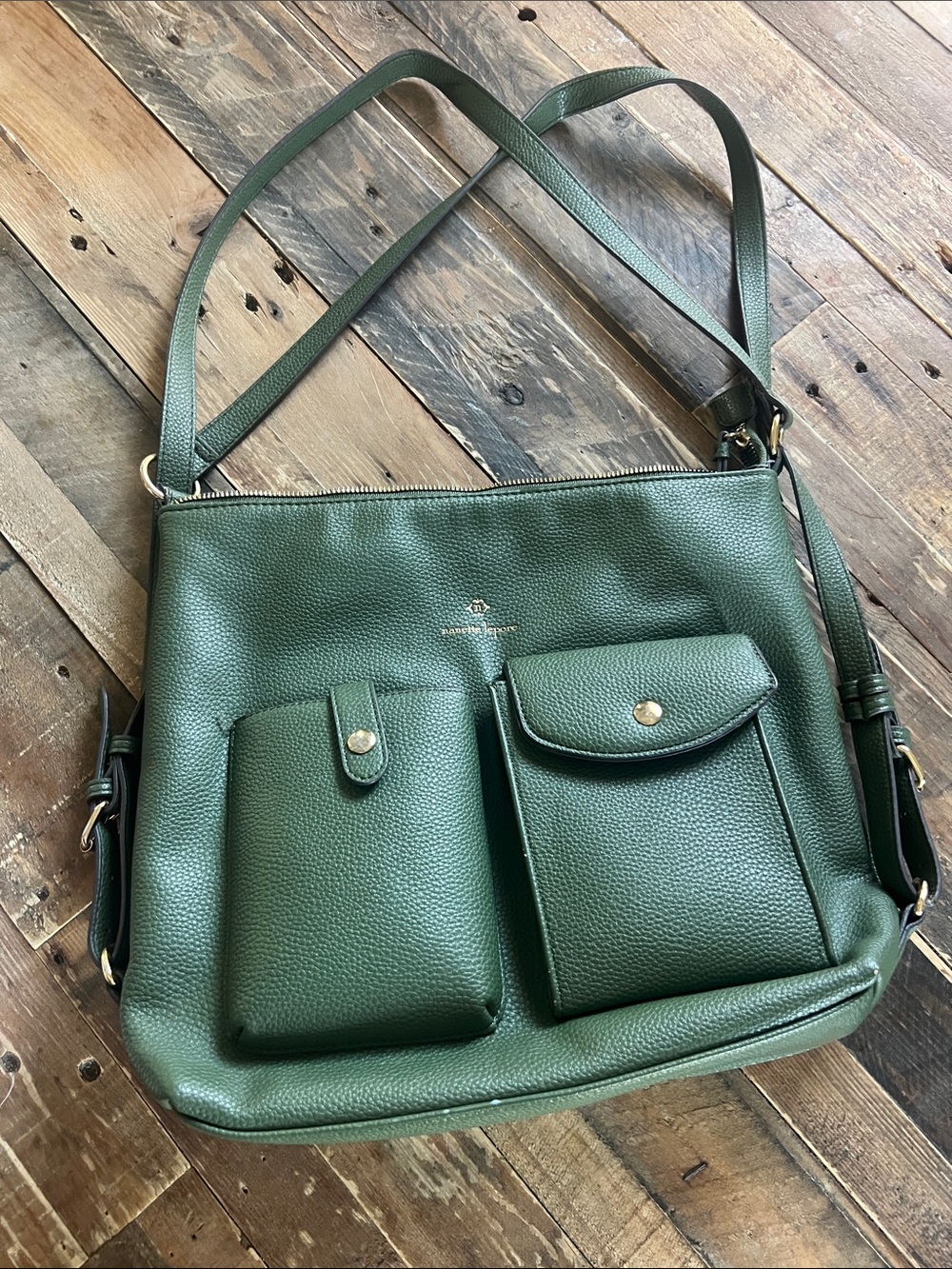 Nanette Lepore Dark Green Pebbled Leather Shoulder Bag with Front Pockets